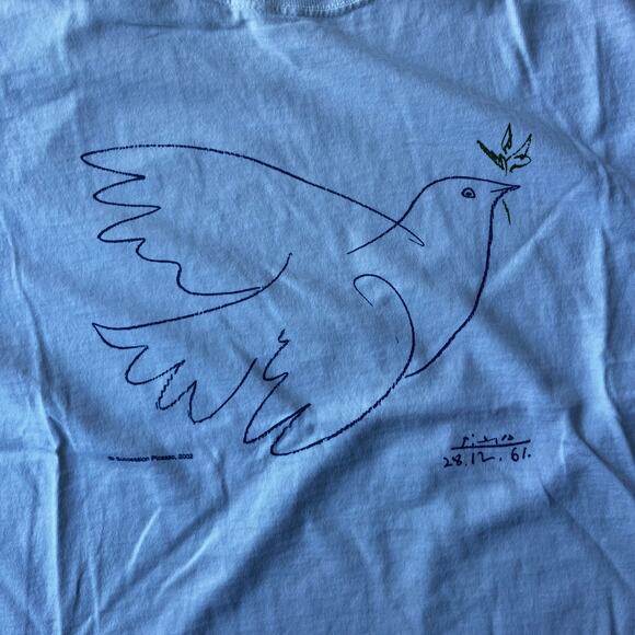 VINTAGE PABLO PICASSO DOVE OF PEACE BIRD ART TEE WHITE SHIRT MENS L SUCCESSION - Picture 5 of 5